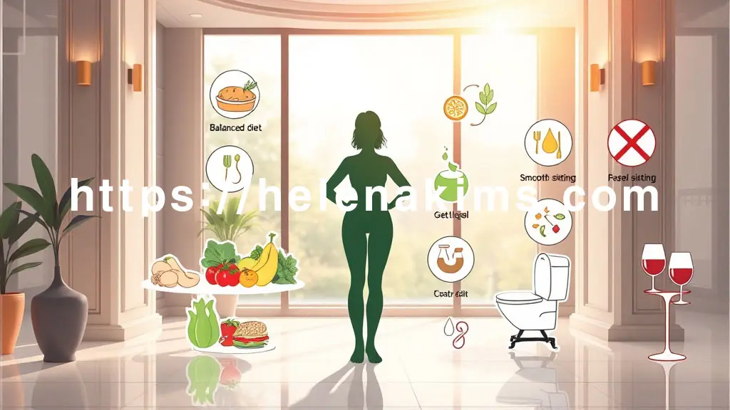 밝고 건강한 공간 중앙에 활력 넘치고 균형 잡힌 여성의 실루엣이 평화롭게 서 있다. 그 주변에는 균형 잡힌 식단(신선한 채소와 과일), 규칙적인 수분 섭취(물방울), 원활한 배변 활동(변기 아이콘)을 나타내는 아이콘들이 있는 그래픽 이미지.