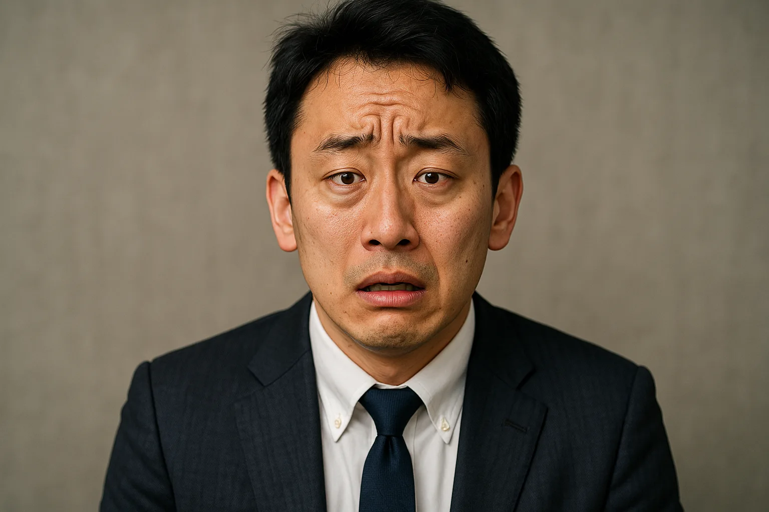 중요한 발표를 앞두고 긴장한 직장인, 눈을 잦게 깜빡이며 불안한 표정