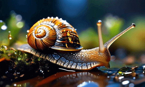 갈색 집을 등에 매단 달팽이가 숲길을 기어가고 있다. 앞에는 물 웅덩이가 있다.