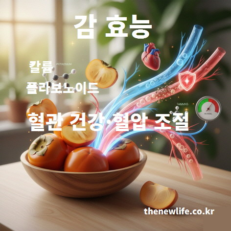 감 효능을 상징하는 인공 이미지, 칼륨과 플라보노이드가 혈관 건강과 혈압 조절에 도움을 주는 장면을 표현한 그래픽