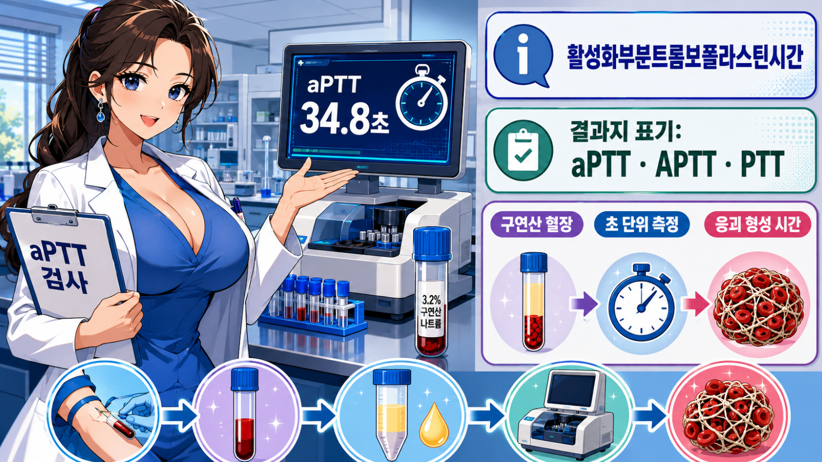 aPTT 검사의 정의와 구연산 혈장 및 응괴 형성 시간을 설명하는 메디컬 인포그래픽