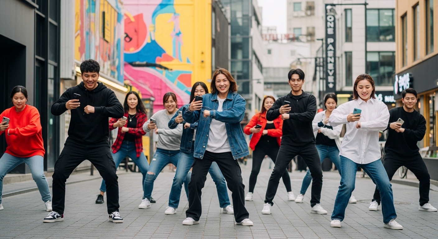 활기찬 한국 도심 거리에서 틱톡 댄스 챌린지에 참여하는 다양한 젊은 한국인들. 스마트폰을 들고 신나게 춤추는 모습.