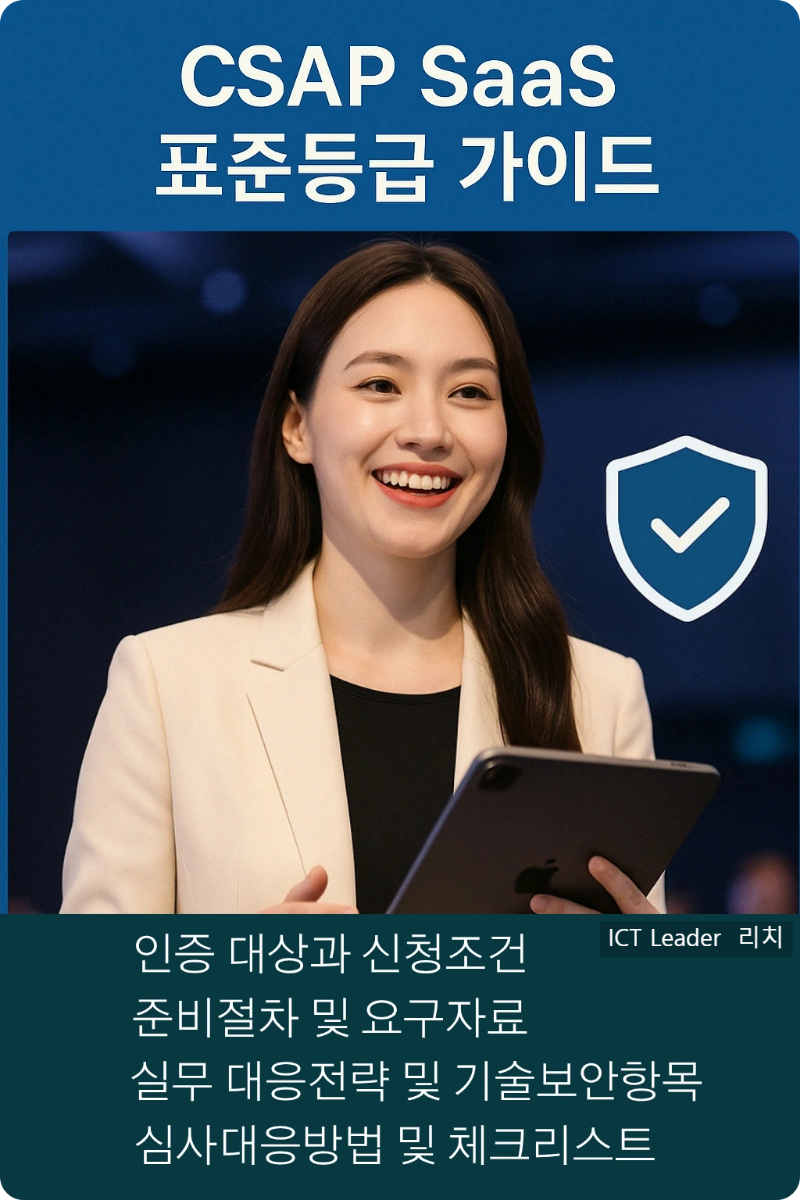 CSAP SaaS 표준등급 인증 가이드를 소개하는 여성 발표자 인포그래픽