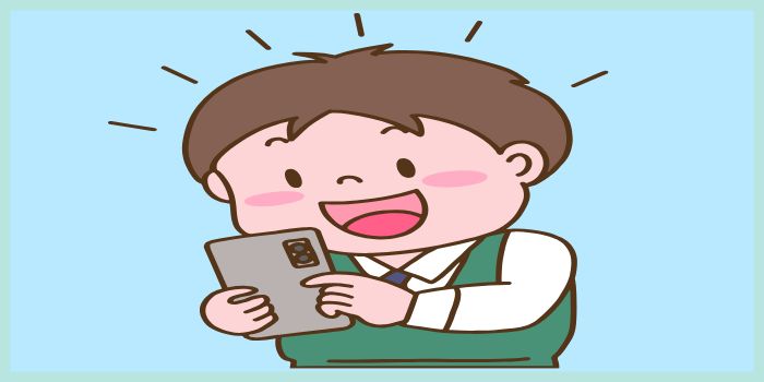 정부24 복지로 고용24 통합 공공포털 개편을 스마트폰으로 확인하고 기뻐하는 남학생 캐릭터