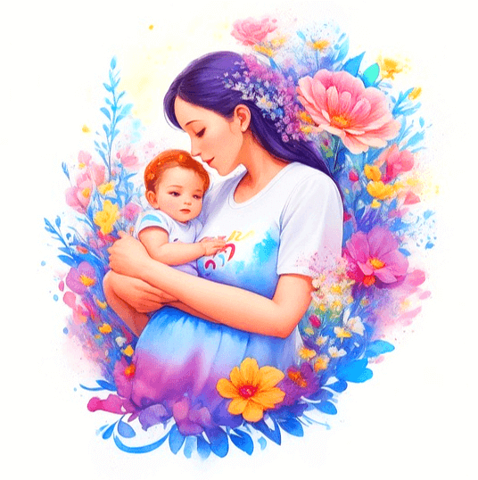 보라색 긴 머리를 한 엄마가 어린 아들을 품에 안았다. 머리에는 커다란 분홍꽃이 그려졌다.