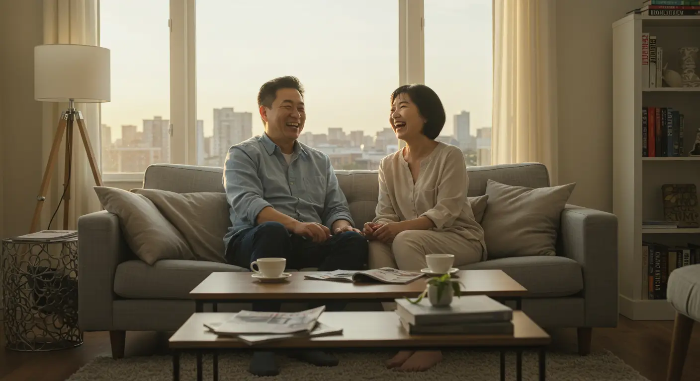 아파트 거실에서 웃고있는 부부의 모습이 보인다. 테이블위에는 책과 커피잔이 있다.