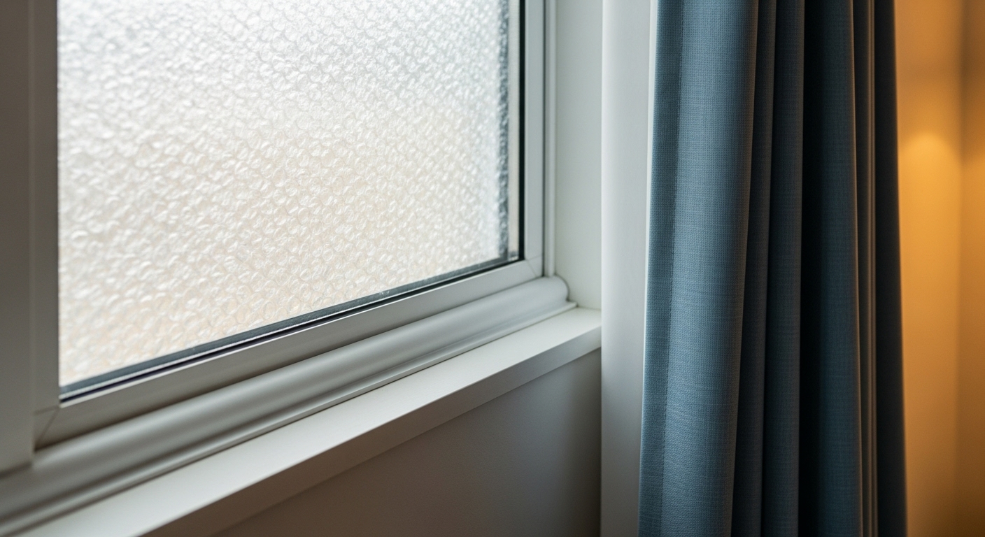 창문에 붙인 에어캡(뽁뽁이)과 문틈에 붙인 문풍지가 보이는 모습. 집의 단열을 강화하여 열 손실을 줄이는 난방비 절약 방법을 보여줍니다.