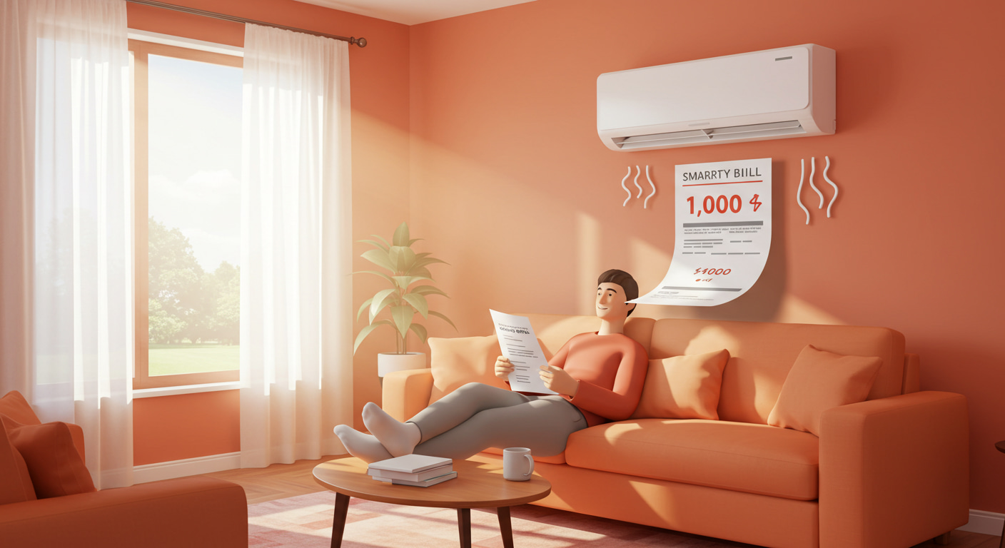 에어컨 전기세 절약 꿀팁을 실천한 후 만족스럽게 전기요금 고지서를 보며 웃고 있는 모습과 시원한 거실