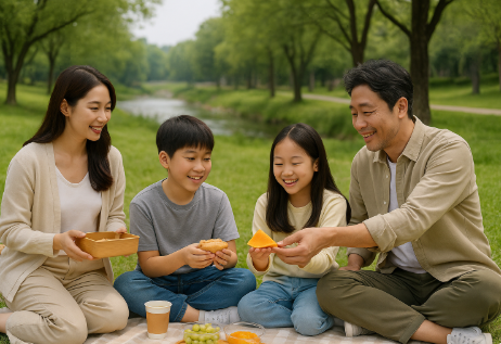 두물머리 자연속에 피크닉하는 가족 모습