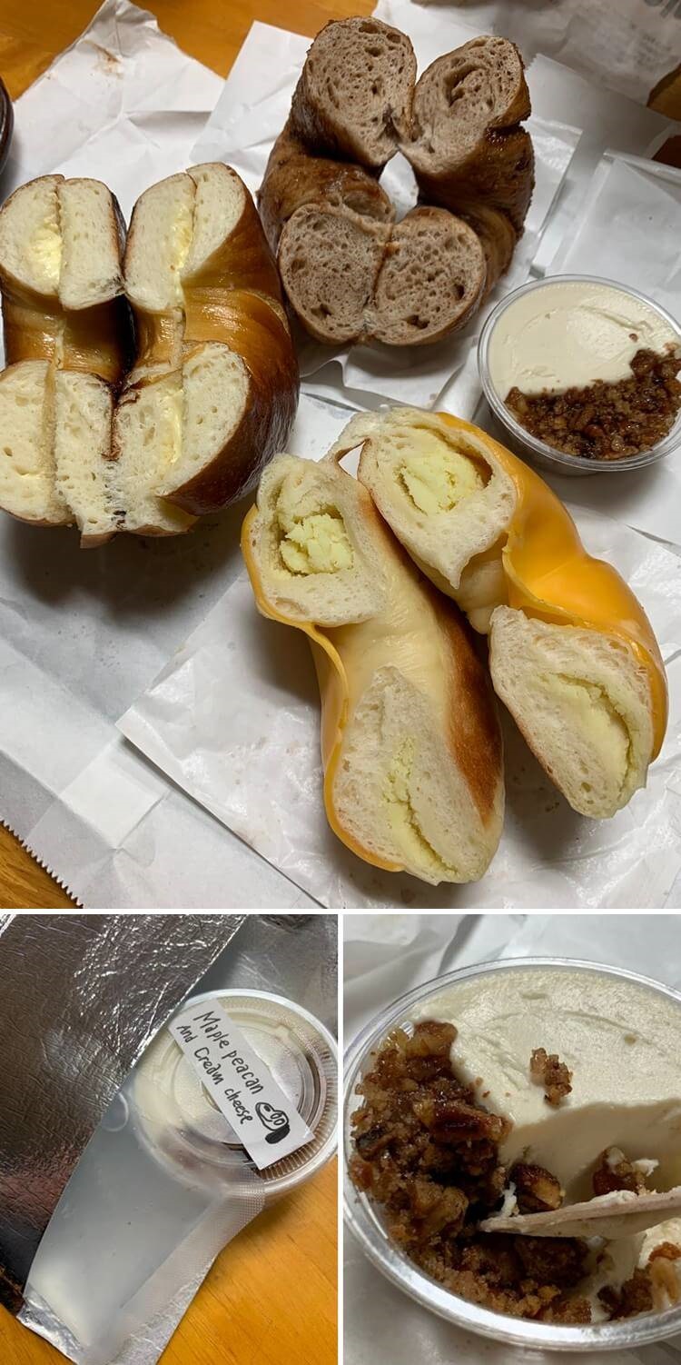 베이글 자른 단면 및 메이플 피칸 크림치즈