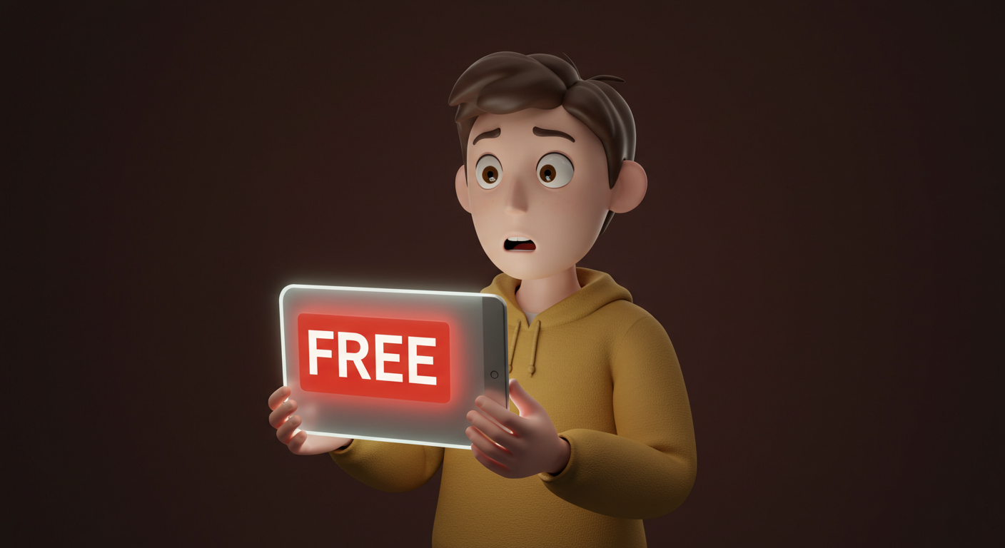 무료 태블릿을 보고 놀라면서도 의심하는 소비자 캐릭터