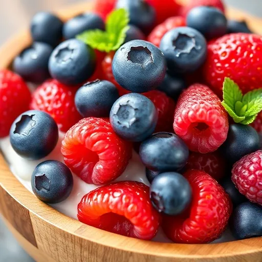 : 블루베리, 라즈베리, 딸기 등 싱싱하고 탐스러운 베리들이 물방울이 맺힌 채 반짝이는 모습입니다. 나무 볼이나 유리 그릇에 가득 담겨 있거나, 일부는 요거트 위에 올려져 있는 모습도 좋습니다. 클로즈업하여 베리의 생생함을 강조해 주세요.