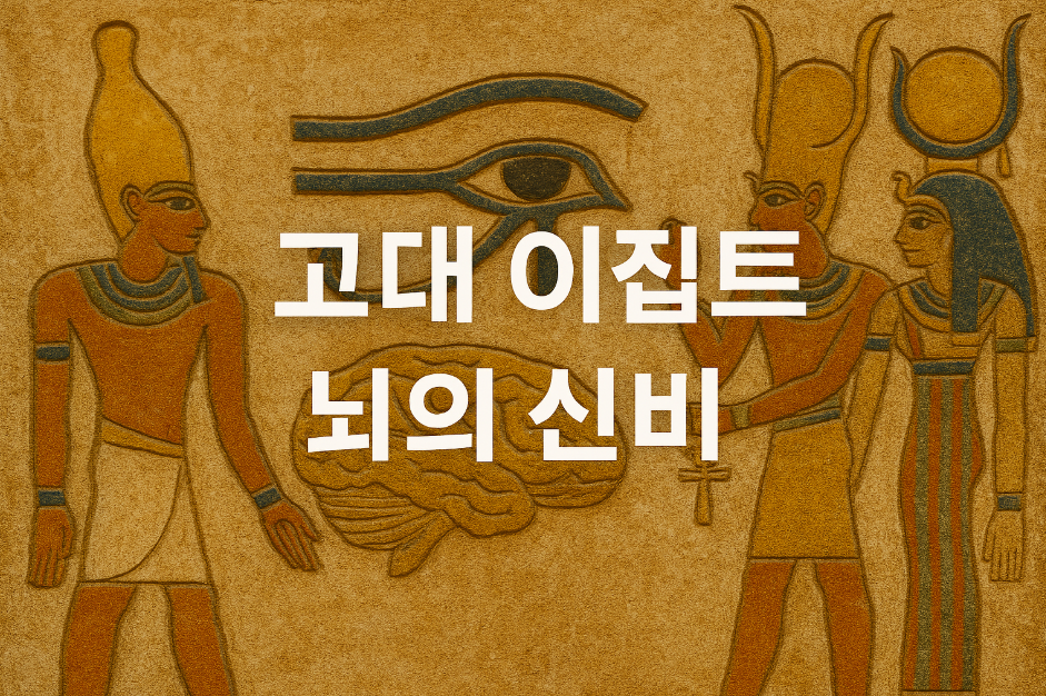 고대 이집트 벽화에는 좌측에 호루스와 오른쪽에 두 명의 신과 여신이 등장하고 있으며, 중앙에는 뇌 모양의 문양과 호루스의 눈이 새겨져 있다. 황토색 배경의 부조 위에 굵은 흰색 한글로 &quot;고대 이집트 뇌의 신비&quot;라는 문구가 선명하게 중앙을 가로지른다. 붉은색, 파란색, 녹색 등 고대 이집트 특유의 색감이 고대 신비로움을 시각적으로 전달한다.
