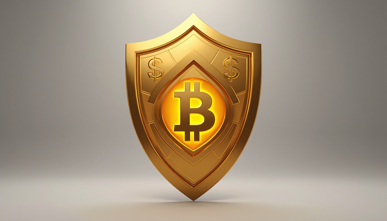 A shield made of US Dollar, Gold, and Bitcoin symbols, representing the ultimate defensive investment portfolio.