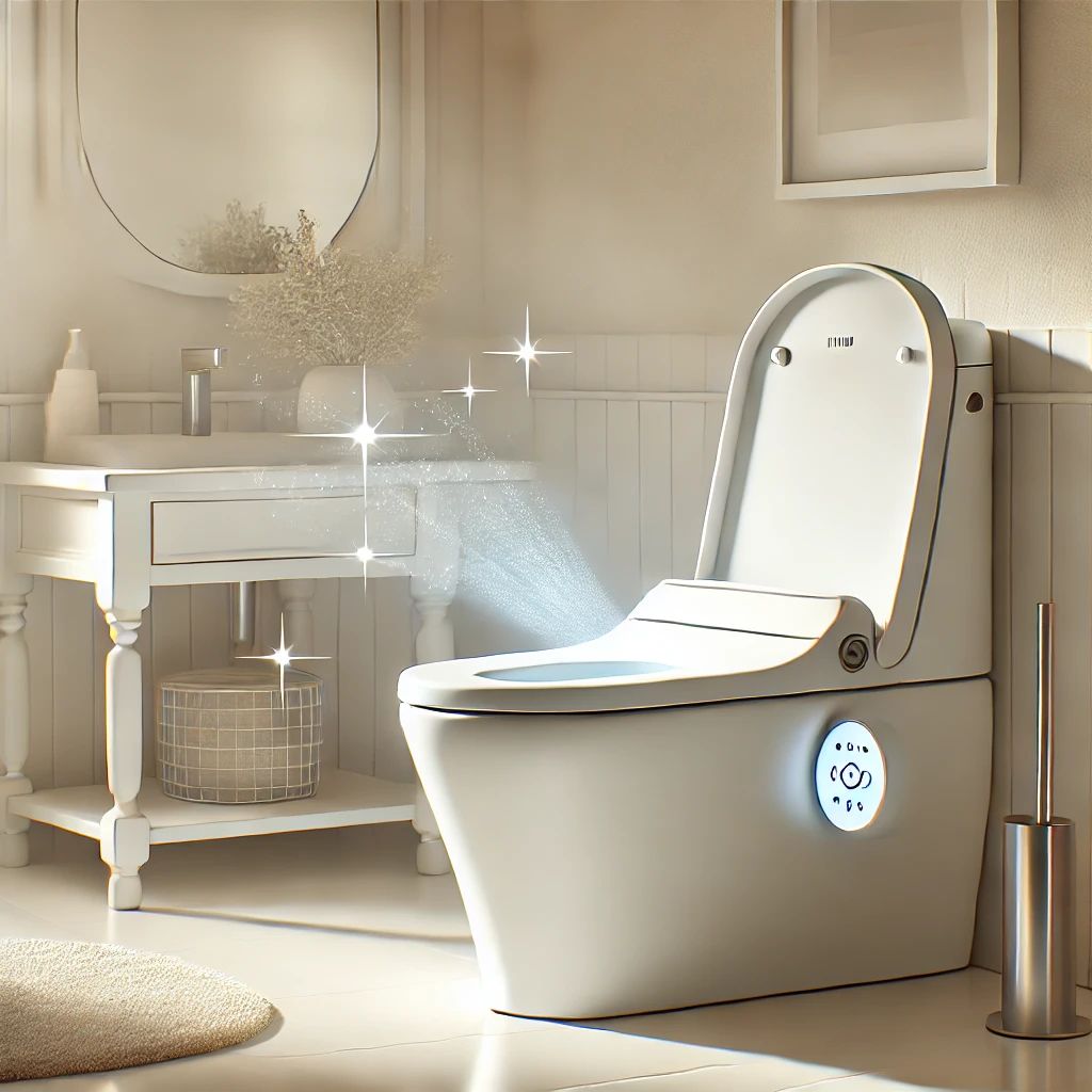 스마트 비데가 설치된 현대적인 욕실 일러스트. 비데 노즐이 살짝 열려 있고, 욕실은 청결하고 쾌적한 분위기로 표현되어 있으며, 공기 흐름과 반짝이는 청결 효과가 강조되어 있다.