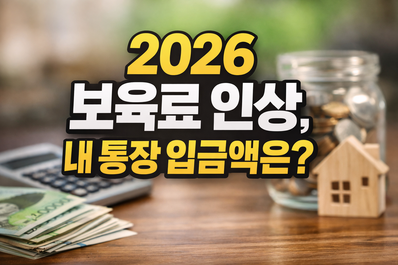 2026 부모급여 보육료 인상 차액 변경 안내 이미지, 계산기와 현금, 저금통과 집 모형이 있는 배경 위에 &lsquo;2026 보육료 인상, 내 통장 입금액은?&rsquo; 문구가 적힌 썸네일
