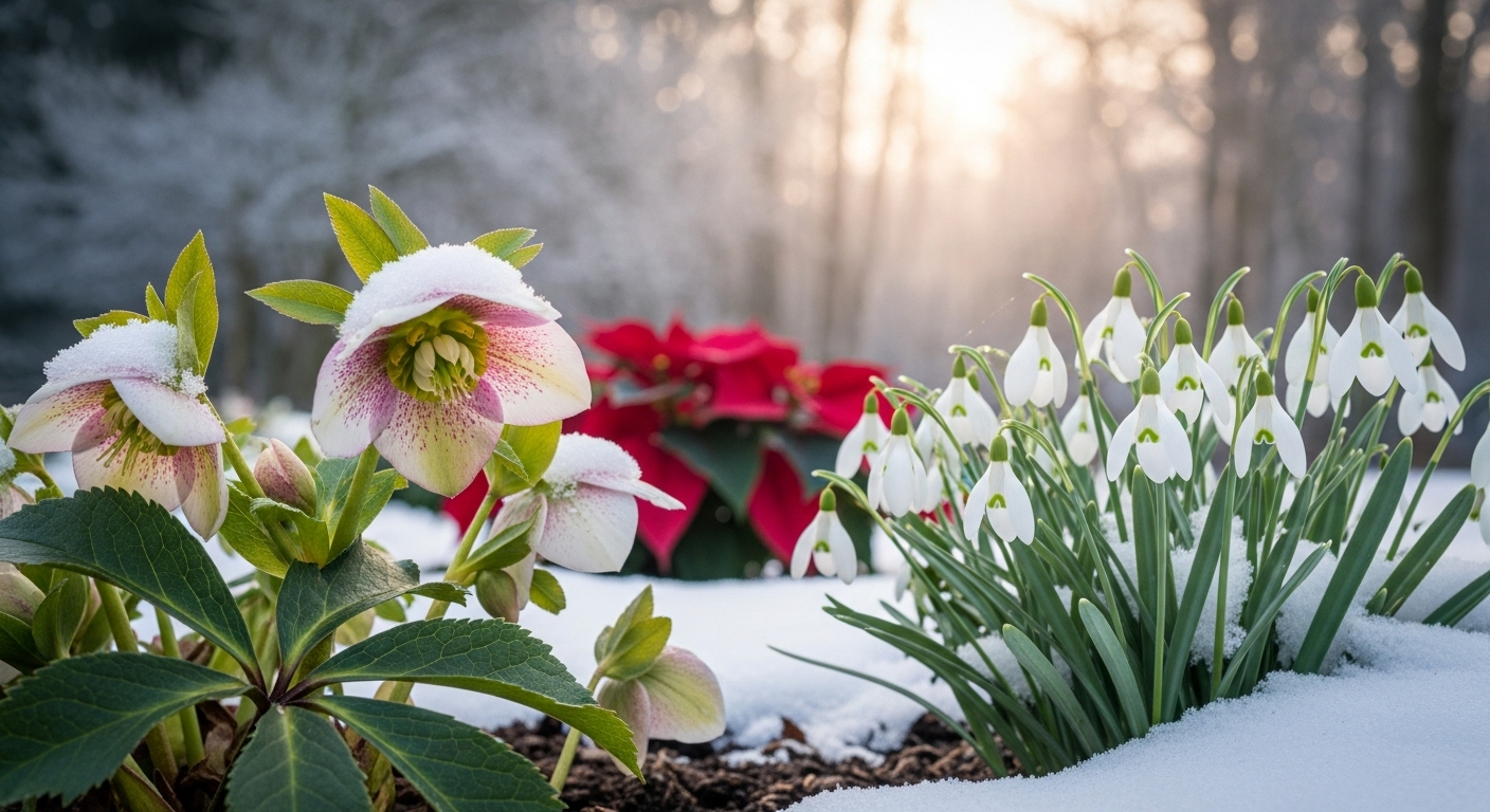 눈 속에 피어난 크리스마스로즈, 설강화, 그리고 포인세티아 잎이 어우러진 신비로운 겨울 정원 풍경.