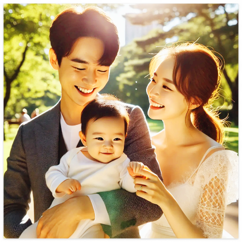 부부와 아기 야외 산책 중.