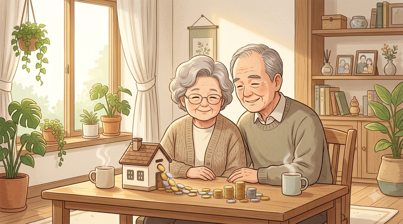 아늑한 거실 창가에 앉은 노부부와 집 모양 저금통에서 매달 나오는 동전