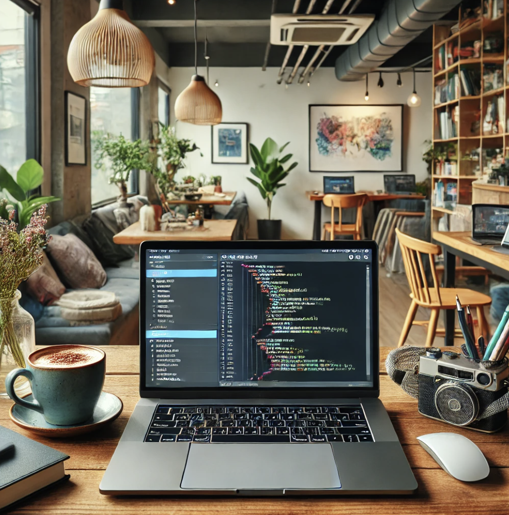 카페에서 원격 근무 중인 소프트웨어 엔지니어