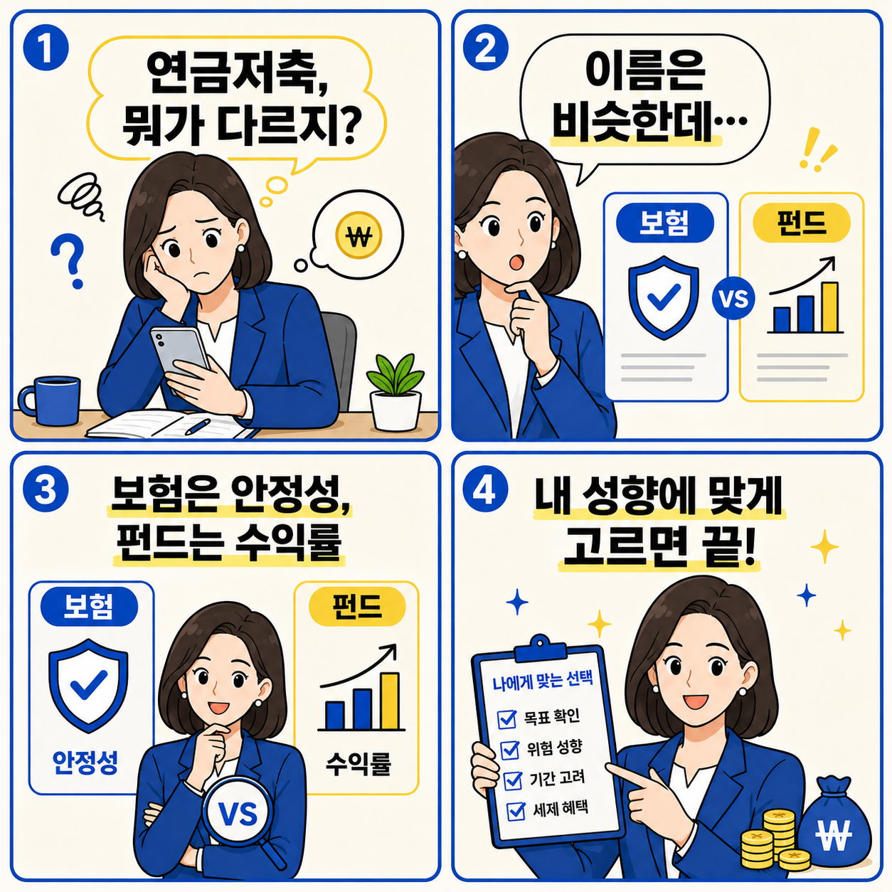 아이보리 배경의 4컷 만화형 금융 카드뉴스. 1컷에서는 여자 직장인 캐릭터가 휴대폰을 보며 ‘연금저축, 뭐가 다르지?’라고 고민한다. 2컷에서는 ‘이름은 비슷한데…’라는 문구와 함께 보험과 펀드 비교 카드가 등장한다. 3컷에서는 ‘보험은 안정성, 펀드는 수익률’이라는 설명과 함께 두 상품의 핵심 차이를 보여준다. 4컷에서는 캐릭터가 체크리스트를 들고 ‘내 성향에 맞게 고르면 끝!’이라고 말하며 선택 기준을 정리한다.