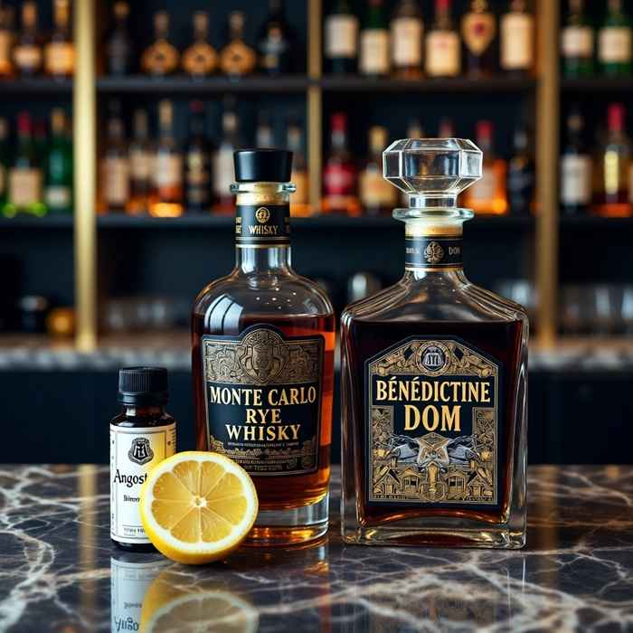 몬테카를로 칵테일 재료 - 라이 위스키, 베네딕틴, 안고스투라 비터스