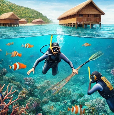 스킨스쿠버를 입고 바다속을 돌아다니는 모습