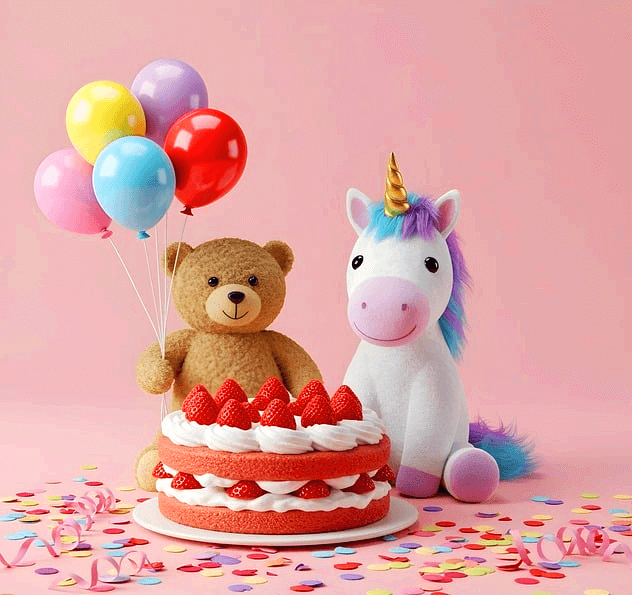 곰인형과 하얀 유니콘 인형이 있다. 달기케이크가 있고 다양한 색상의 풍선들이 장식됐다.