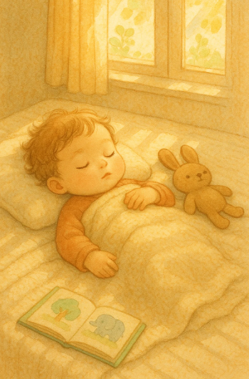 낮잠 자는 18개월 아기와 수면 인형이 함께 있는 따뜻한 낮잠 환경