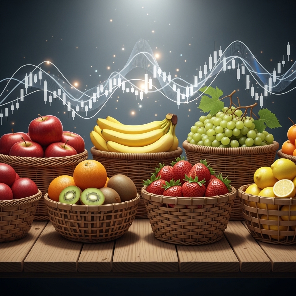 여러 종류의 과일이 각각 다른 바구니에 담겨 있는 모습. 주식 분산 투자를 통해 위험을 분산하는 개념을 시각적으로 설명합니다.
