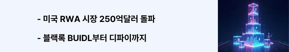 '미국 RWA 시장 250억달러 돌파, 블랙록 BUIDL부터 디파이까지'라는 문구가 포함된 웹배너 이미지. 이 이미지는 미국의 토큰화된 국채 시장 규모, 블랙록 BUIDL 펀드 구조, RWA와 디파이 결합 사례를 시각적으로 전달하며, 블로그의 미국 실물자산 토큰화 시장 현황과 관련된 내용을 설명함 (US RWA market $25B, BlackRock BUIDL fund, tokenized treasury and DeFi integration)