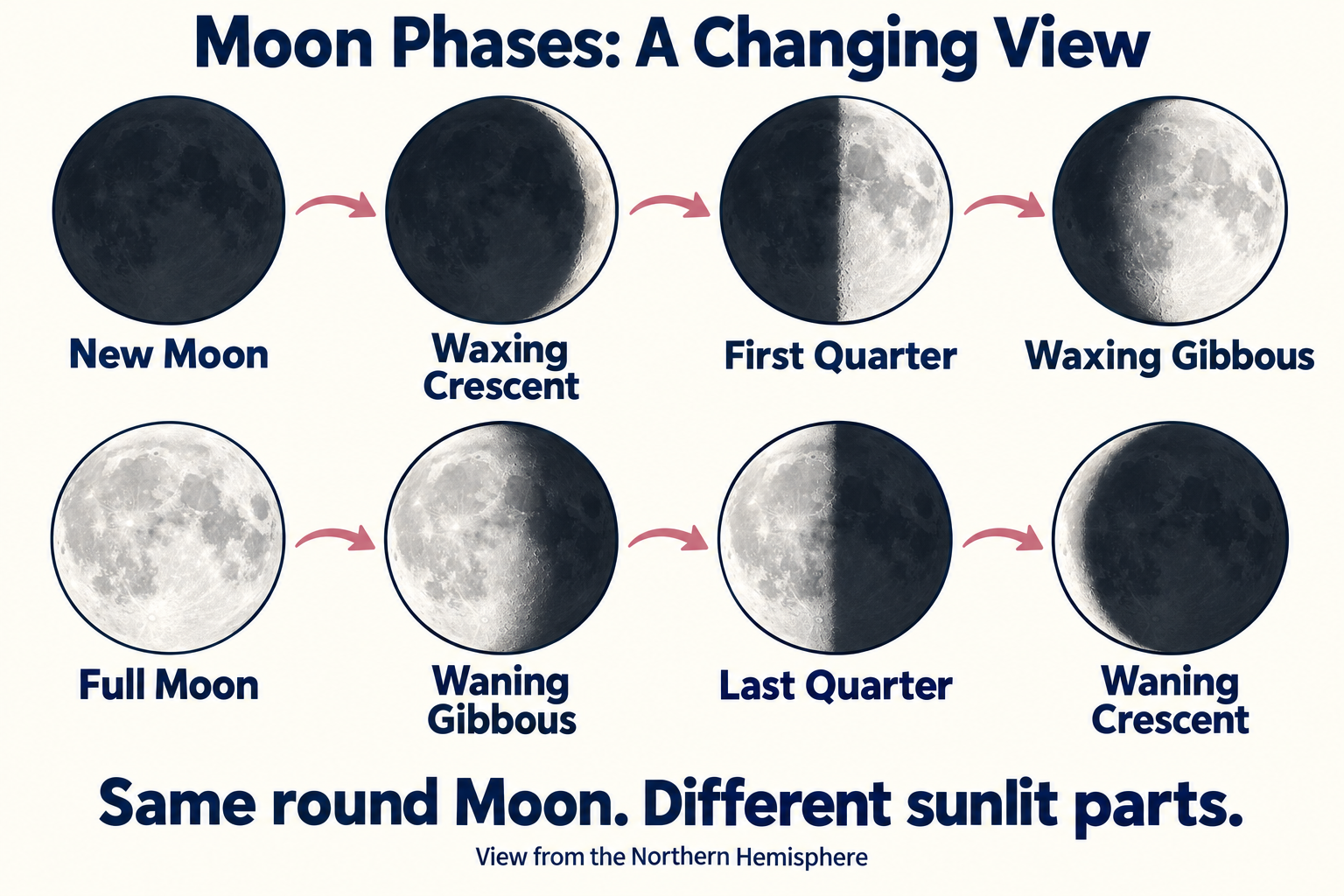 New Moon, waxing crescent, first quarter, waxing gibbous, full Moon, waning gibbous, last quarter, and waning crescent.