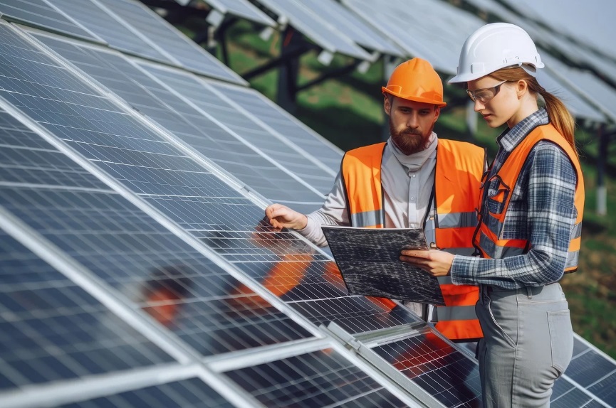 태양광발전기와 발전기를 살펴보는 직원 2명 사진