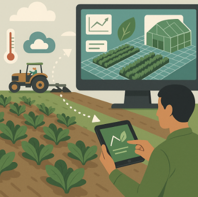 태블릿으로 농장 디지털 트윈을 관리 중인 농업인 모습