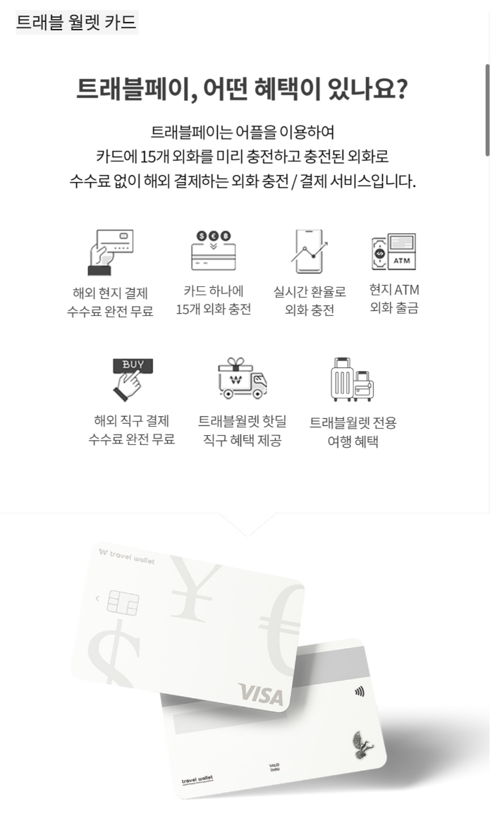 트래블 월렛 카드 설명 페이지. 해외 현지 결제 수수료 완전 무료, 카드 하나에 15개 외화 충전, 실시간 환율로 외화 충전, 현지 ATM 외화 출금, 해외 직구 결제 수수료 완전 무료 등의 혜택이 적혀 있다.