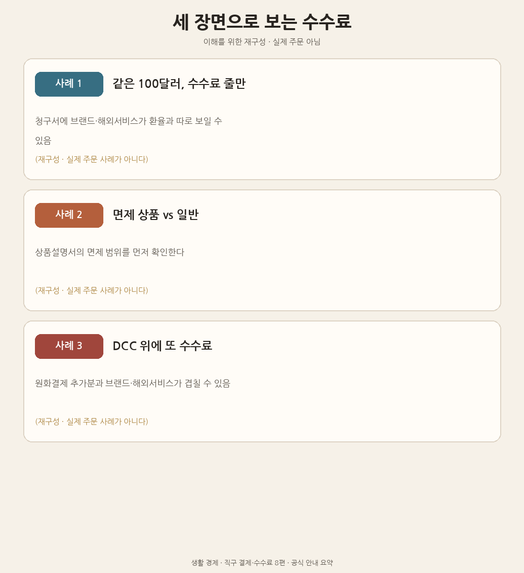 같은 100달러&middot;면제 vs 일반&middot;DCC 겹침의 세 장면을 비교한 도해