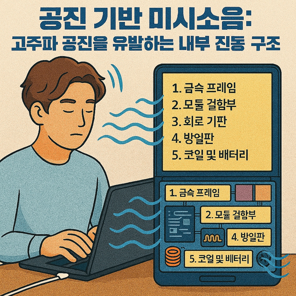 공진 기반 미시소음이 노트북 내부에서 어떻게 발생하는지를 표현한 일러스트