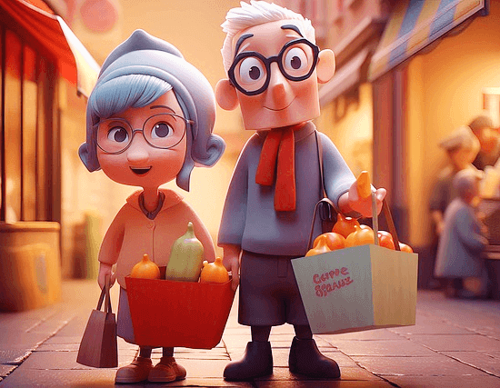 백발이 성성한 노부부가 쇼핑백을 가득 들고 상가 거리에 나란히 서있다. 둘다 검정 안경을 썼고 종이가방엔 야채들이 가득하다.