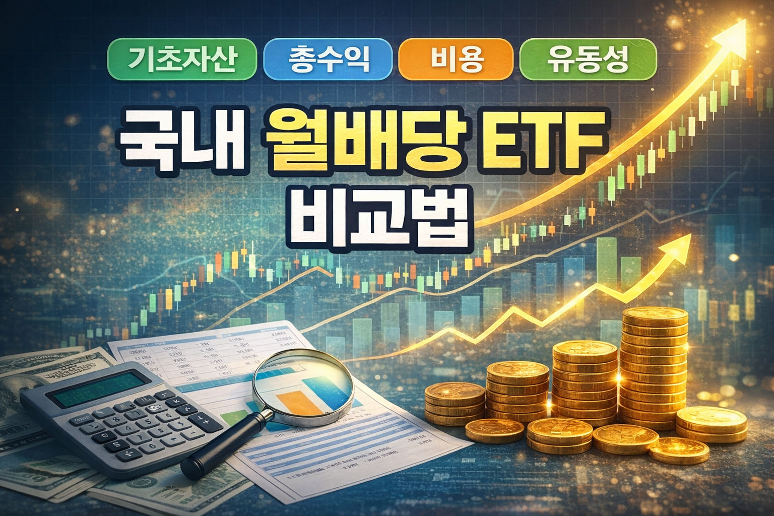 국내 월배당 ETF 비교법을 주제로 기초자산 총수익 비용 유동성 체크포인트를 강조한 금융 썸네일 이미지