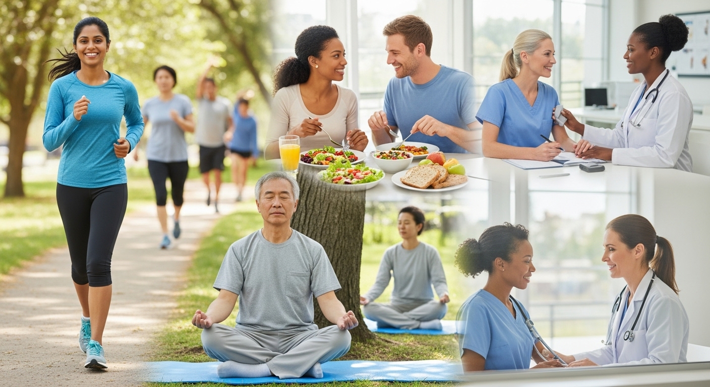 건강한 생활 습관을 실천하며 심혈관 질환을 예방하는 사람들의 모습. 정기 검진, 운동, 건강한 식단 등 전반적인 건강 관리를 강조.