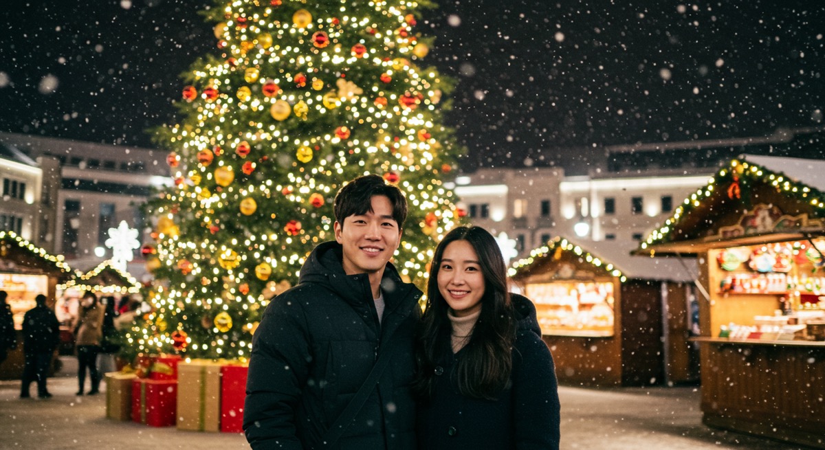 화려한 조명으로 빛나는 대형 크리스마스 트리 앞에 서 있는 커플 모습
