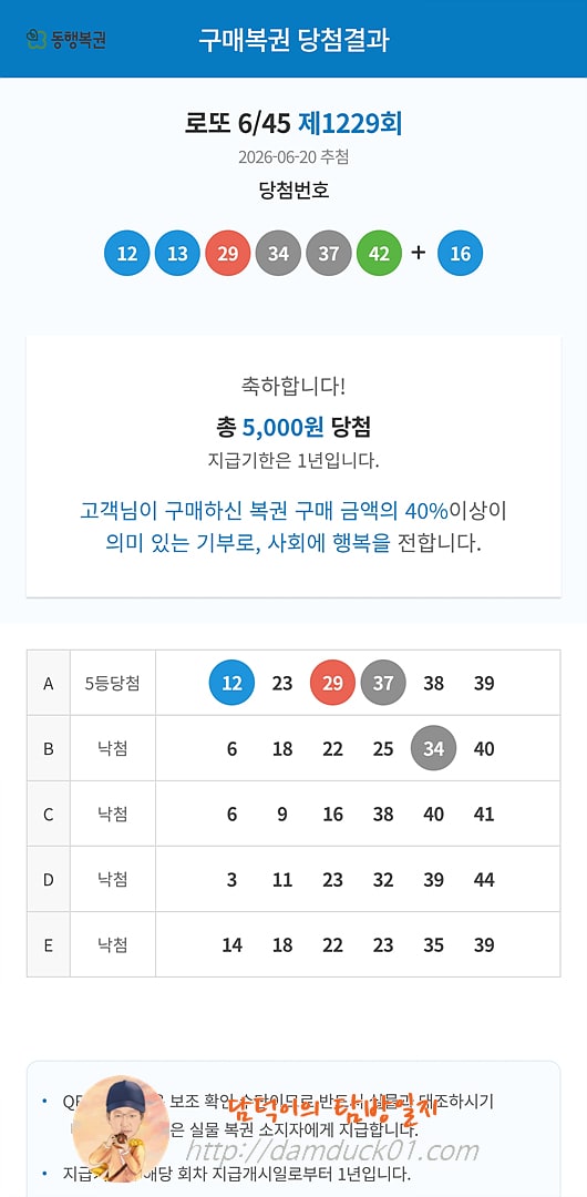 로또 6/45 제1229회 결과