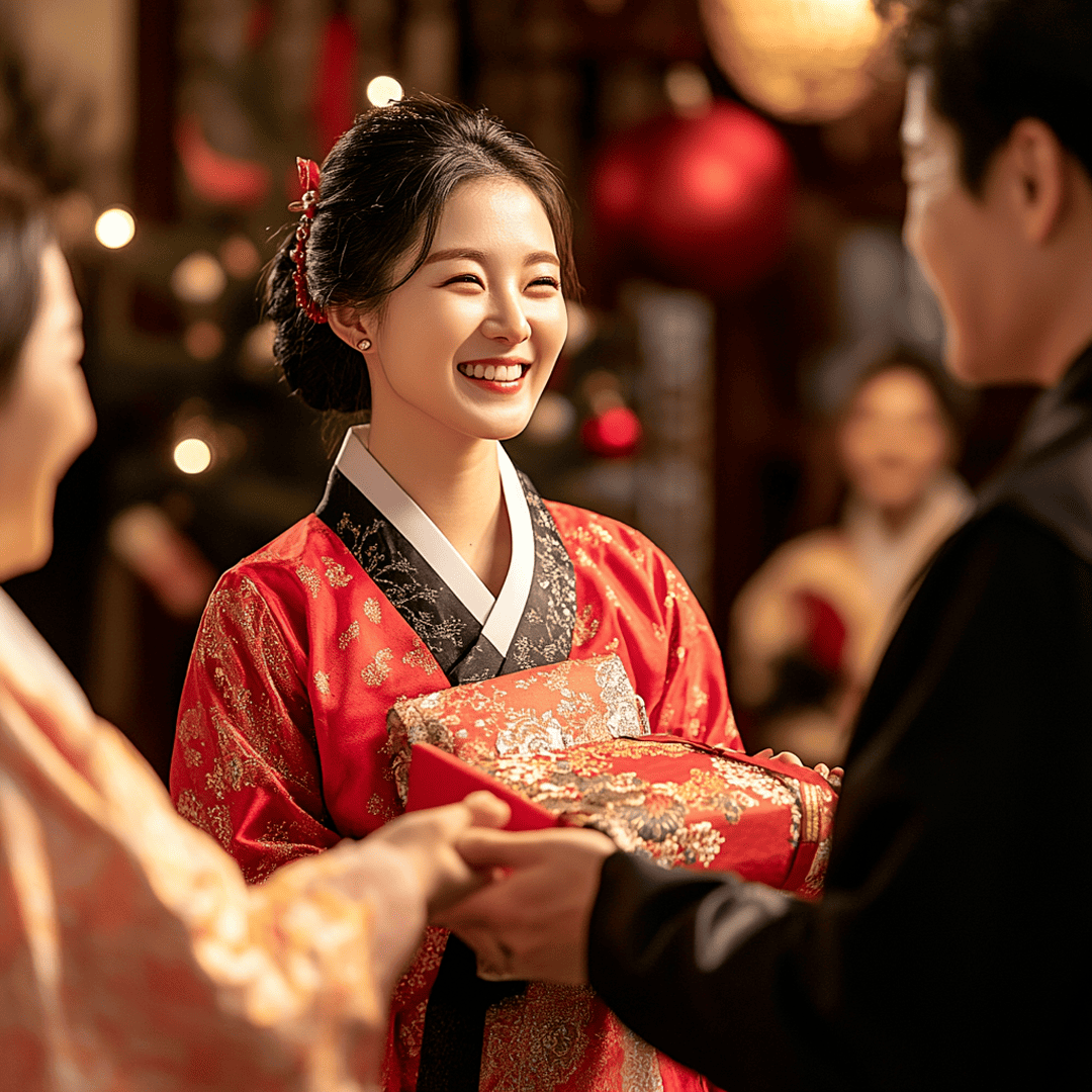 화려한 전통 한복을 입은 여성이 환하게 웃으며 선물을 전달받는 모습, 배경에는 따뜻한 조명이 빛나는 고풍스러운 분위기