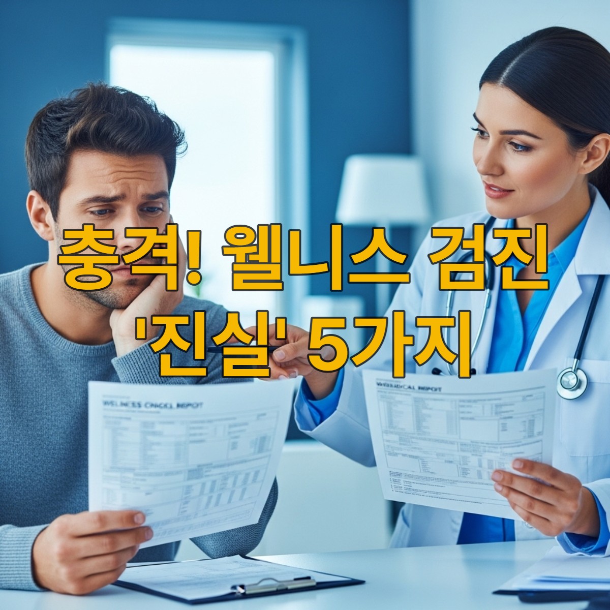 현직 의사가 환자에게 웰니스 건강검진 결과지를 상세히 설명하는 모습. 환자는 의료 정보를 이해하려는 듯 집중하고 있다.