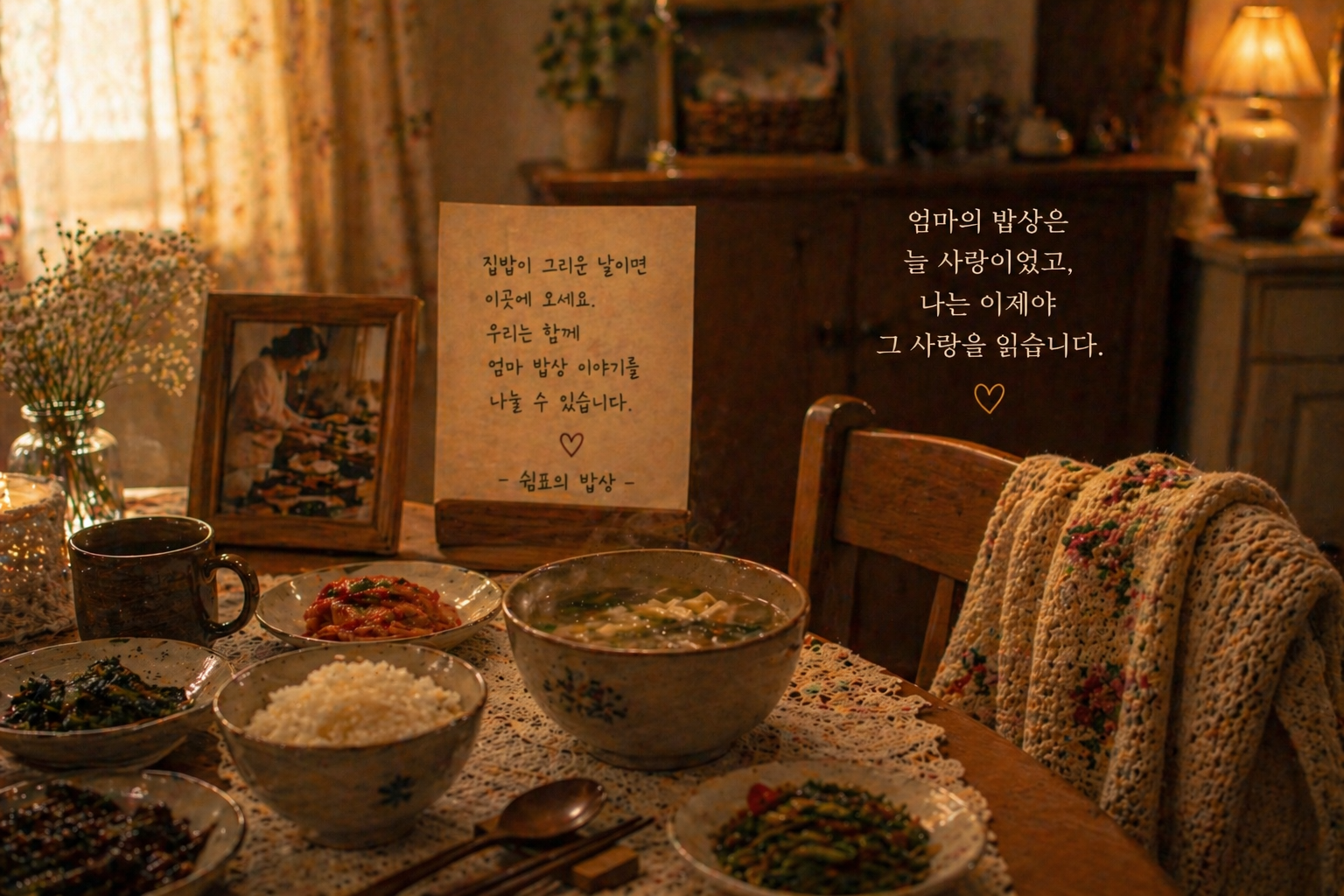따뜻한 조명 아래 엄마의 집밥 한 상과 국, 밥, 반찬이 놓인 식탁 옆 의자에 포근한 니트 담요가 걸려 있는 감성적인 가정집 장면