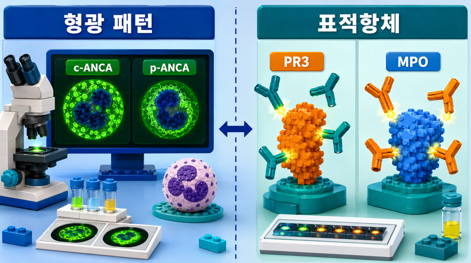 c-ANCA&middot;p-ANCA 형광 패턴과 PR3&middot;MPO 항원특이검사가 서로 다른 정보를 제공하는 원리를 비교한 의료 인포그래픽