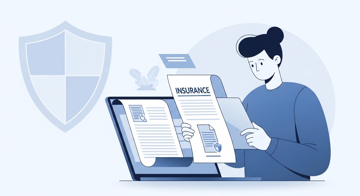 태블릿으로 보험 서류를 검토하는 사람과 보호막 아이콘, 보험료 공제를 상징.