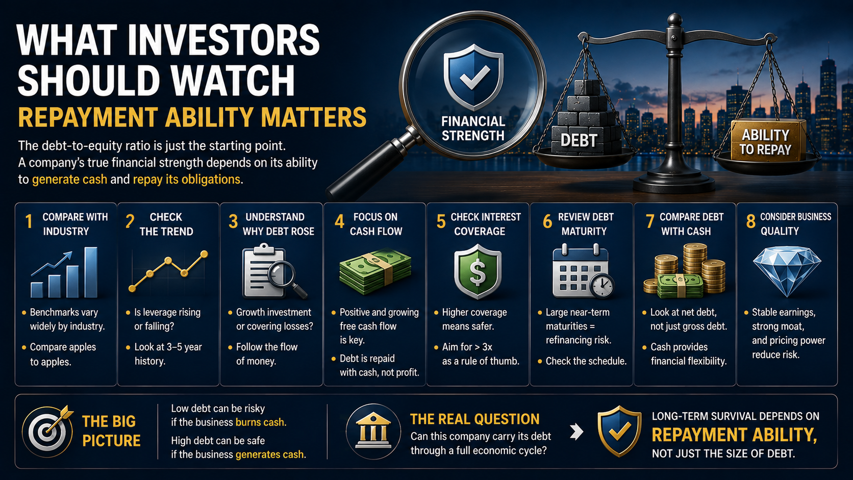 Investor checklist for analyzing debt repayment ability cash flow interest coverage and debt maturity