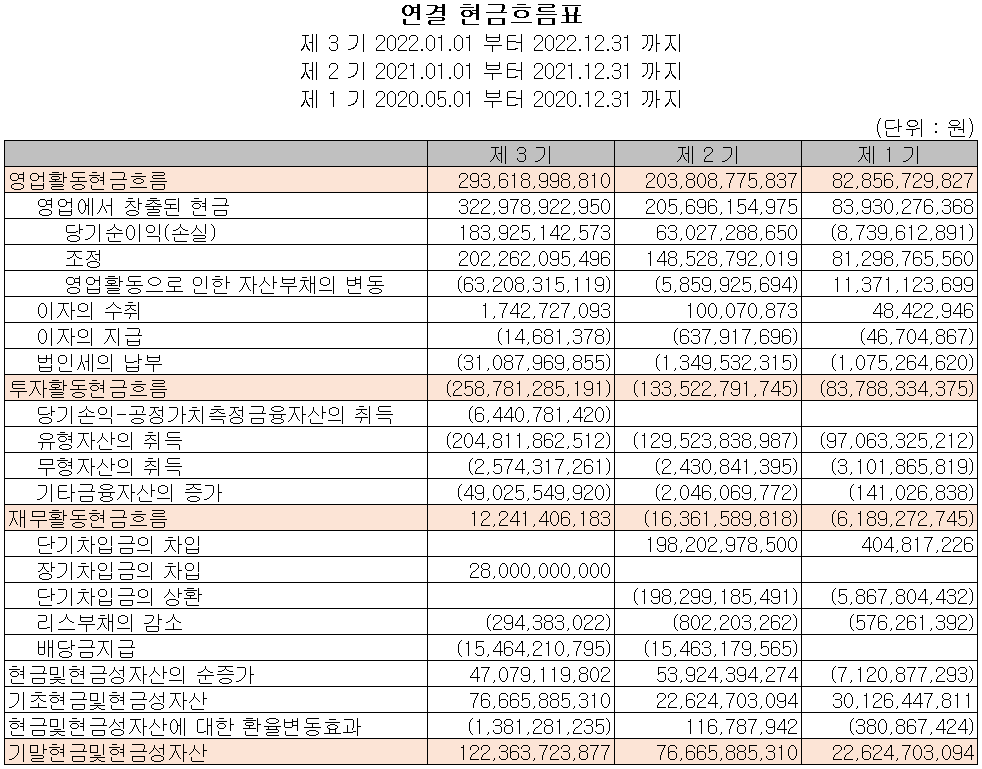 대덕전자 - 현금흐름표