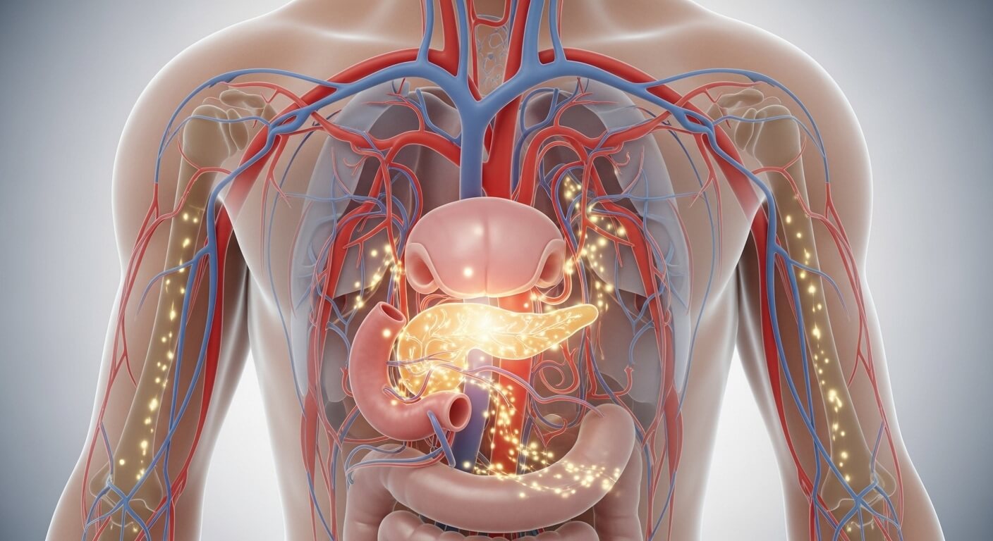 혈당 조절과 인슐린 분비 과정을 보여주는 췌장 중심의 인체 의료 일러스트